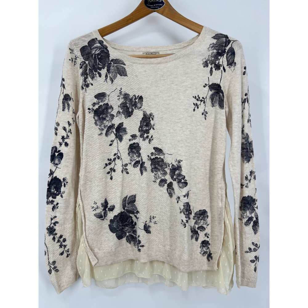 Lucky Brand Womens Floral Knit Sweater Beige Black Swiss Dot Layered Hem Medium